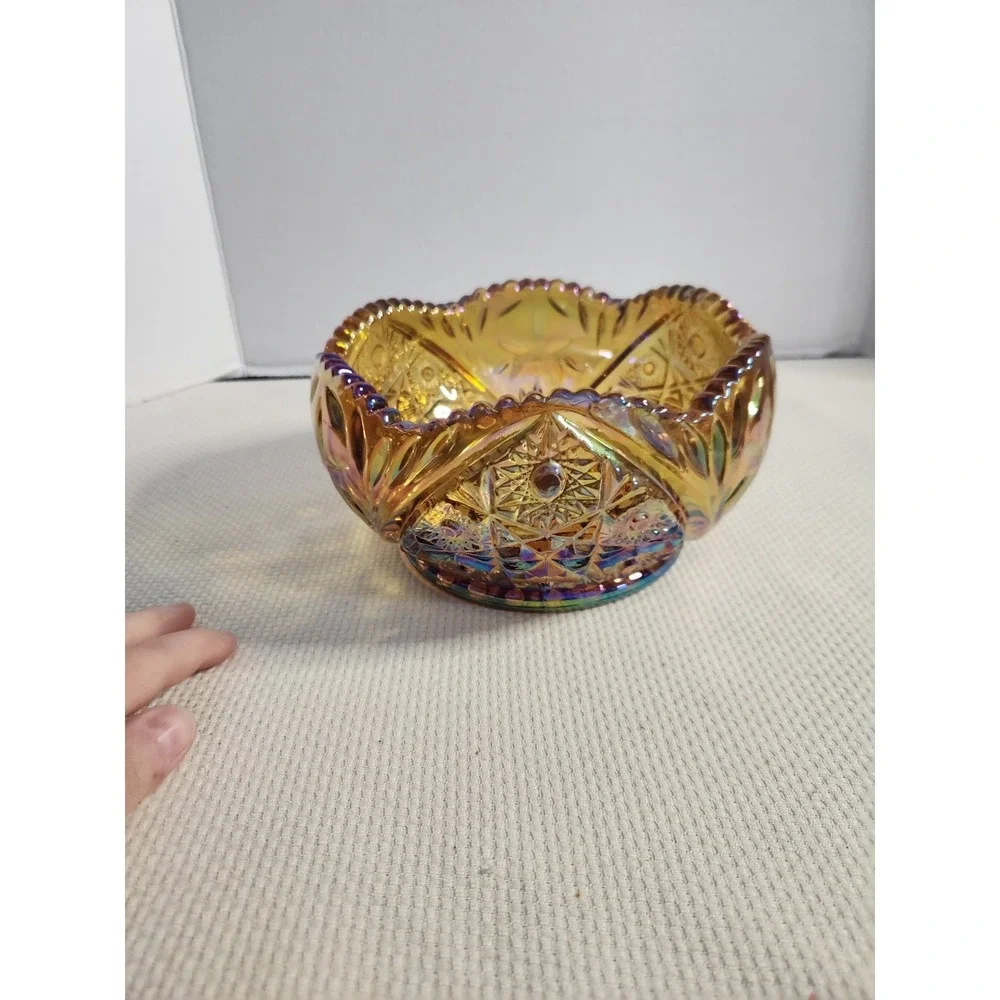 VTG LE Smith Hobstar Daisy Amber Carnival Glass‎ Bowl Sawtooth Great Condition